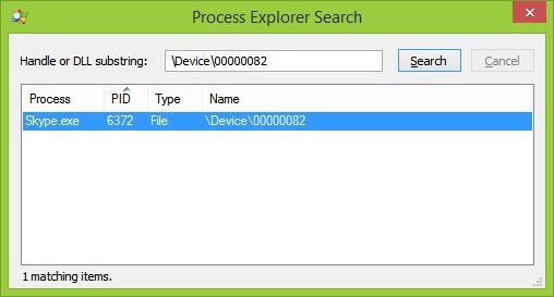 Wyniki wyszukiwania w Process Explorer