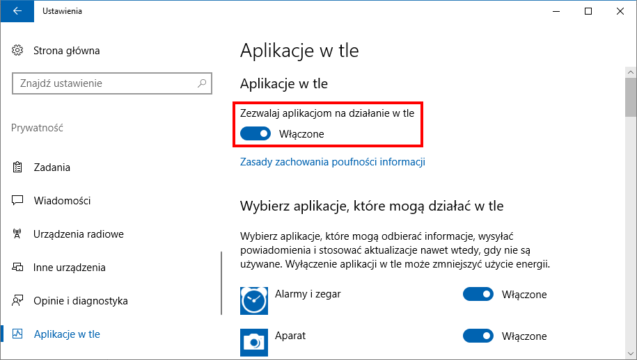 Jak wyłączyć aplikacje w tle windows 10