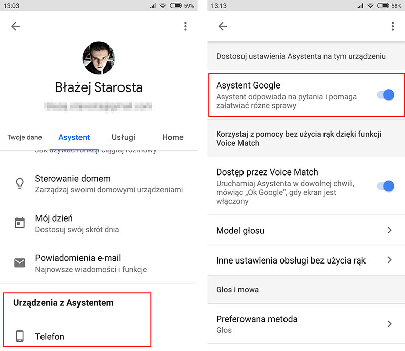 Włącz asystenta google