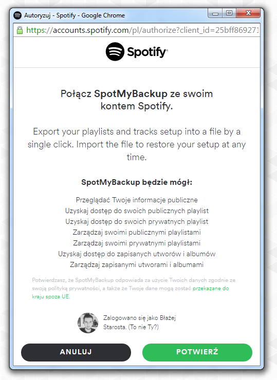 SpotMyBackup - zezwolenie na połączenie z kontem