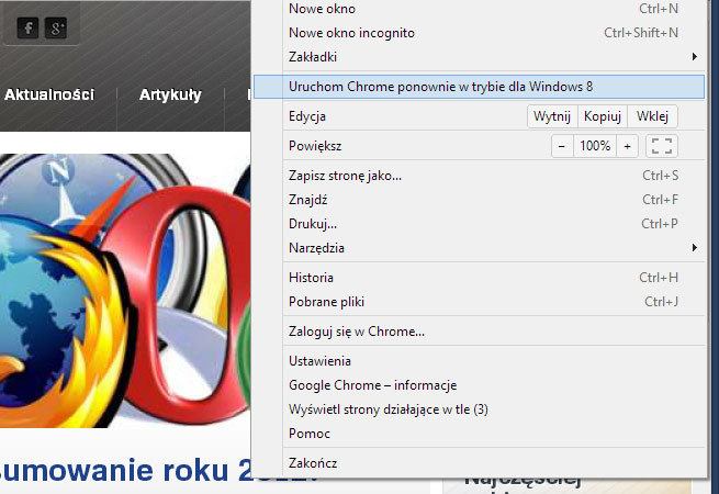 Przełączanie Google Chrome na tryb Windows 8