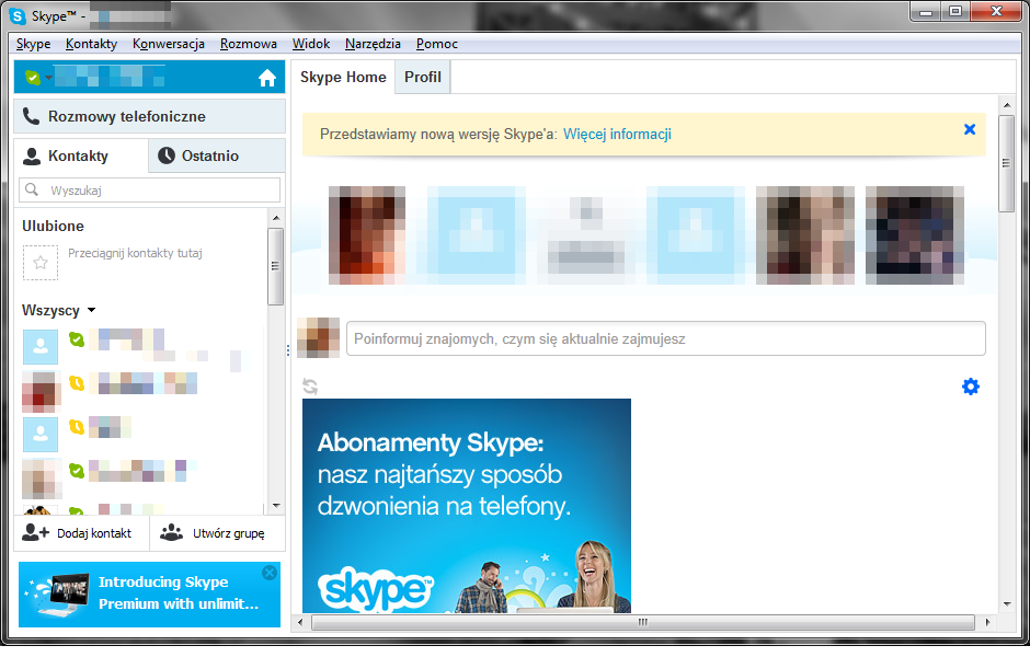 Ekran startowy Skype