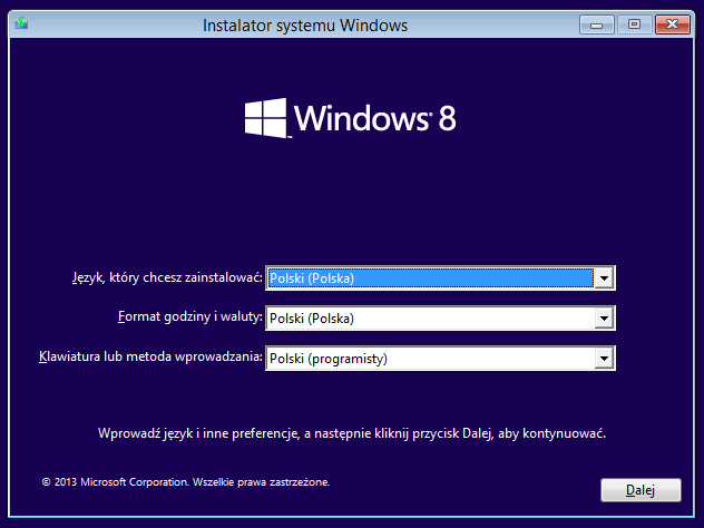 Instalacja Windows 8.1 na SSD - Wybór języka