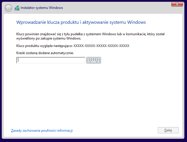 Instalacja Windows 8.1 - klucz produktu