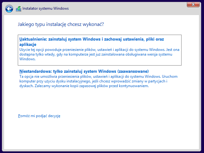 Wybór typu instalacji Windows 8.1