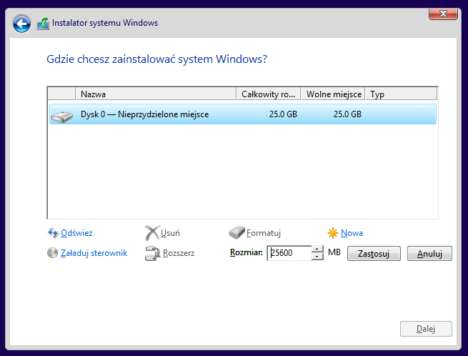 Tworzenie nowej partycji dla Windows 8.1 na SSD