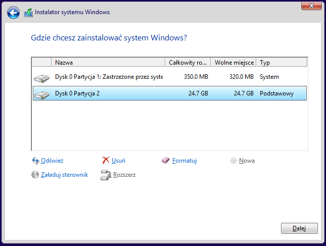Wybór partycji do instalacji Windows 8.1