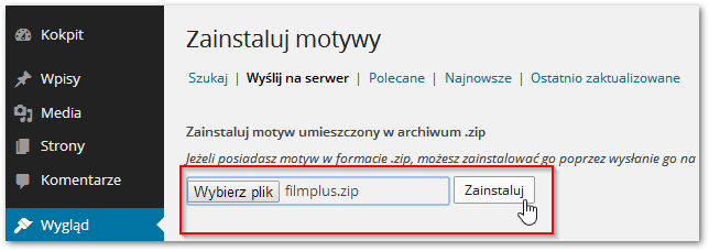 Przesyłanie pliku z motywem na serwer