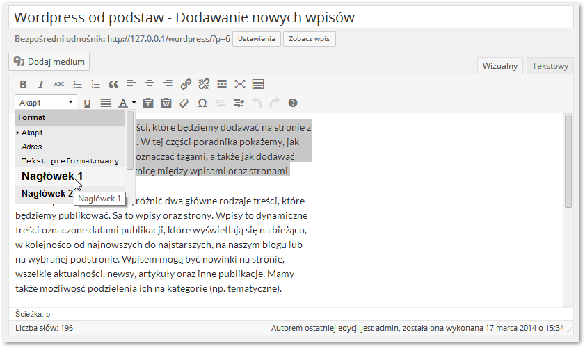 Dostosowywanie stylów tekstu w Wordpressie