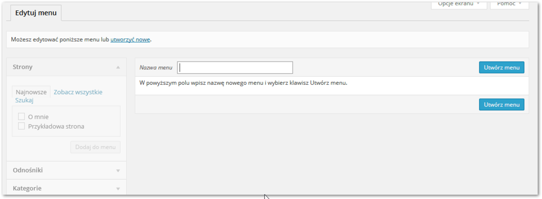 Pusty ekran edycji menu