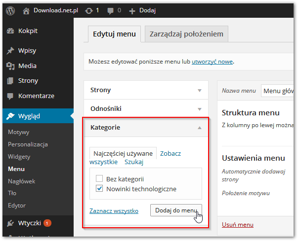 Dodawanie kategorii do menu
