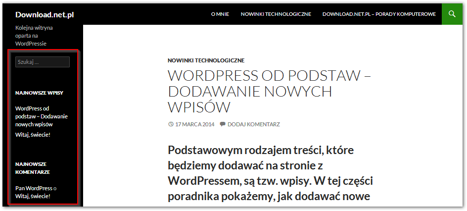 Domyślne widgety w standardowym motywie WordPressa