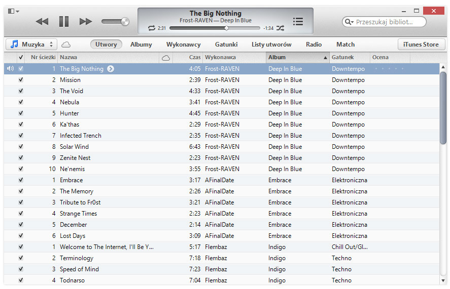 iTunes - zakładka utwory