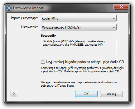 iTunes - wybór kodera