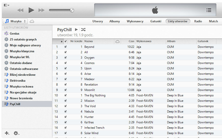 iTunes - widok listy utworów