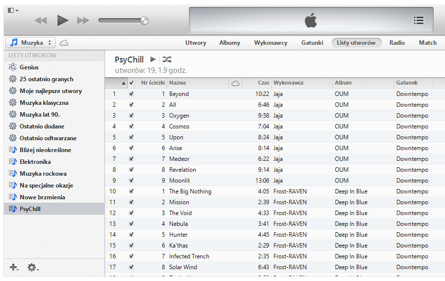 iTunes - widok listy utworów