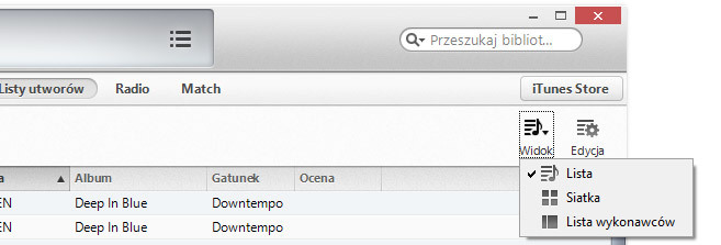 iTunes - zmiana widoku listy utworów