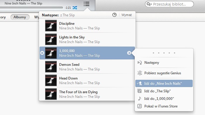 iTunes - modyfikowanie kolejki i opcje utworów w kolejce
