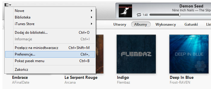 iTunes - wywołanie okna preferencji