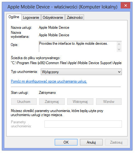 iTunes - właściwości usługi Apple Mobile Device