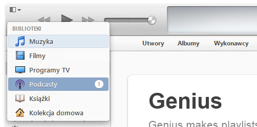 iTunes - wybór podcastów w bibliotece