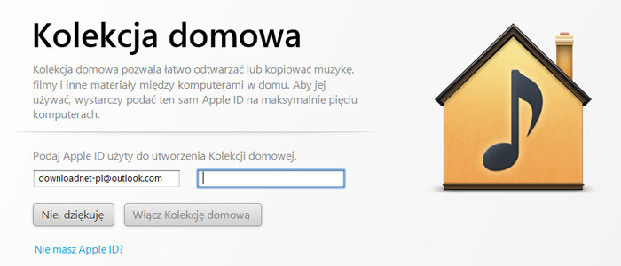 Logowanie się do kolekcji domowej w iTunes