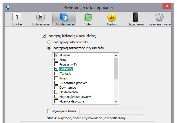 Preferencje udostępnianie biblioteki iTunes