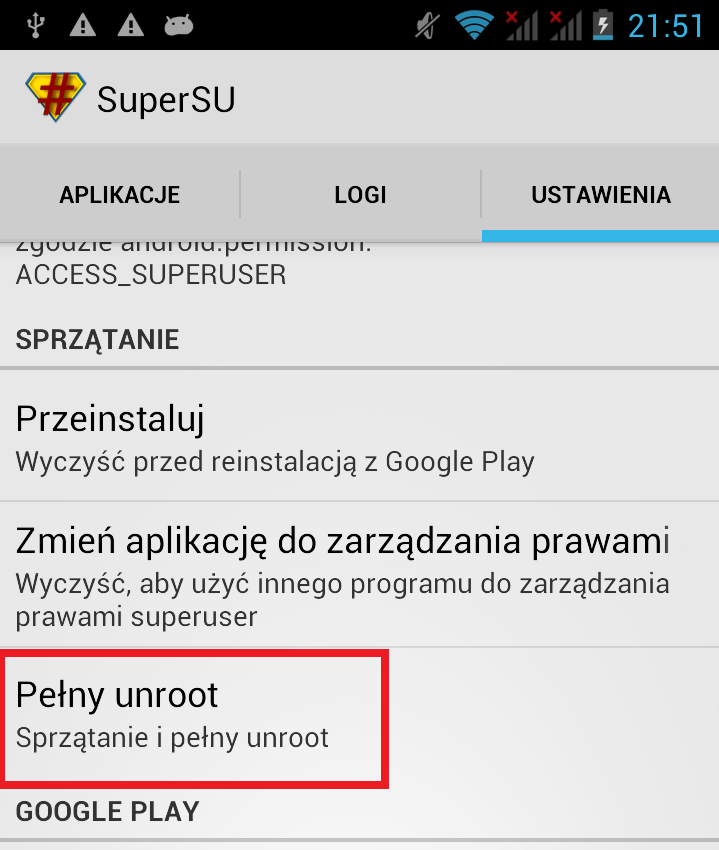 SuperSU - pełny unroot