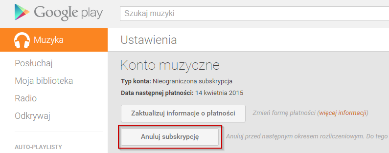 Ustawienia konta i płatności w Muzyce Google