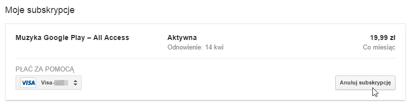 Aktywne subskrypcje w Portfelu Google