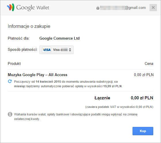 Portfel Google - płatność za usługę