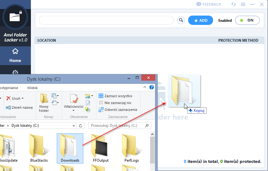 Przeciąganie folderu do zaszyfrowania w Anvisoft Folder Locker