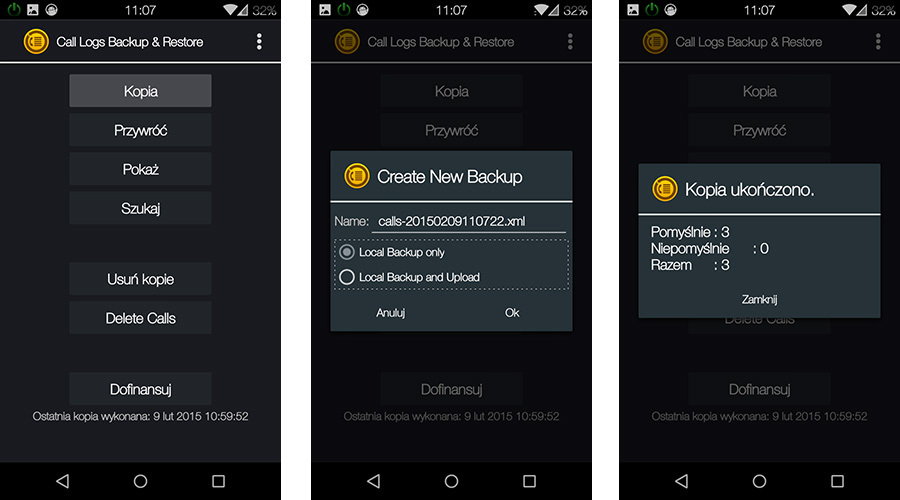 Tworzenie kopii połączeń w Call Logs Backup & Restore