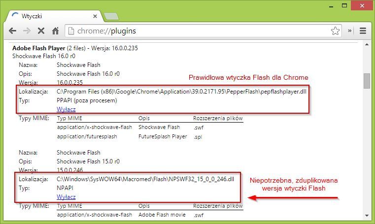 Szczegóły wtyczki Flash w Chrome