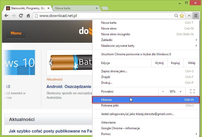 Przejście do historii w Chrome