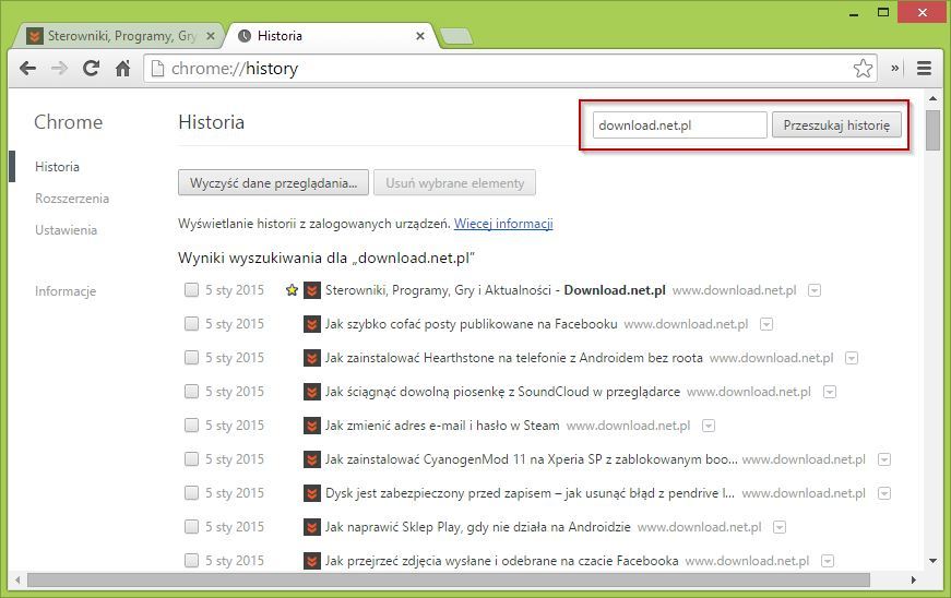 Wyszukiwanie stron lub słów kluczowych w historii Chrome