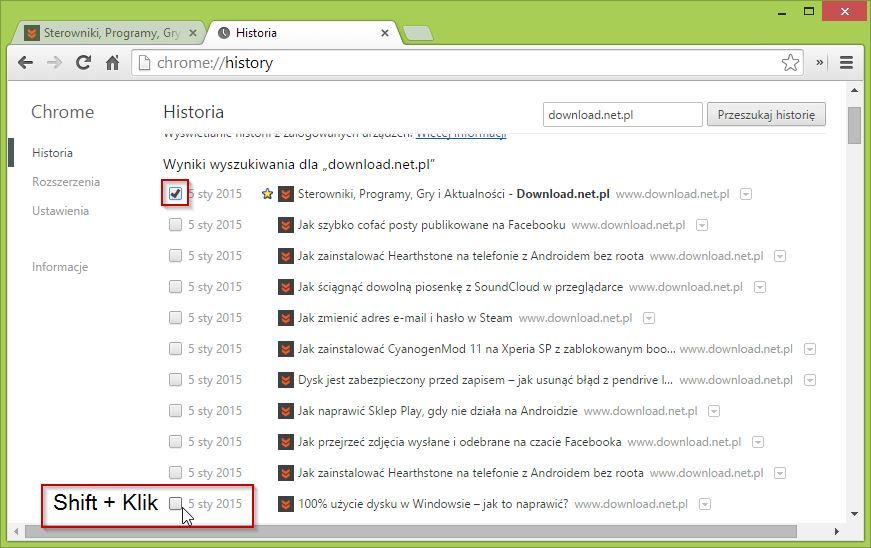 Zaznaczanie wielu elementów w historii Chrome
