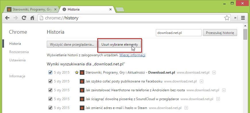 Usuwanie zakresu stron z historii Chrome
