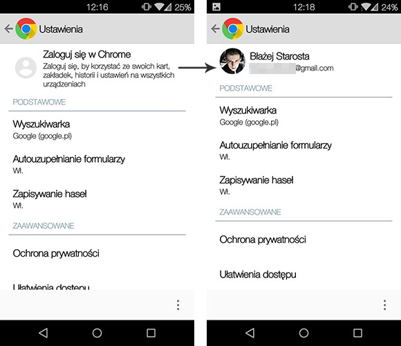 Logowanie w Chrome na Androidzie