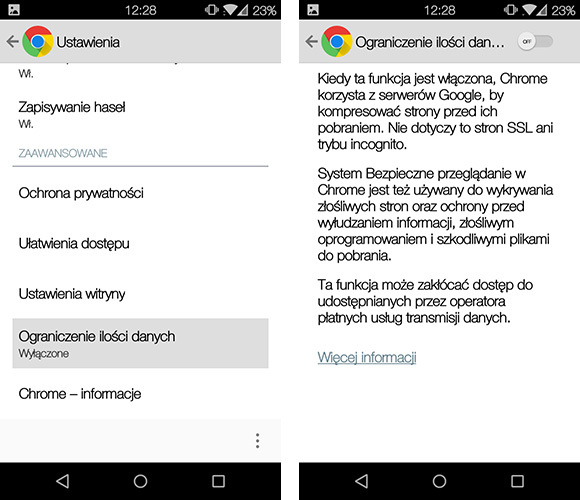 Oszczędzanie transferu w Chrome na Androidzie