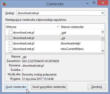 Firefox - lista ciasteczek