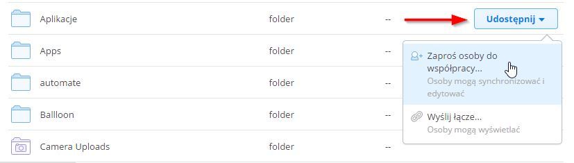 Opcje udostępniania folderu w Dropbox