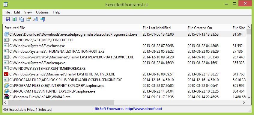 Główne okno programu ExecutedProgramsList