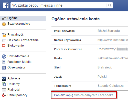 Facebook - przejście do działu archiwum