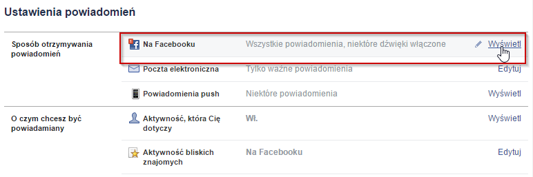 Ustawienia powiadomień na Facebooku