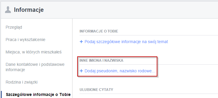 Zakładka ze szczegółowymi informacjami o użytkowniku na Facebooku