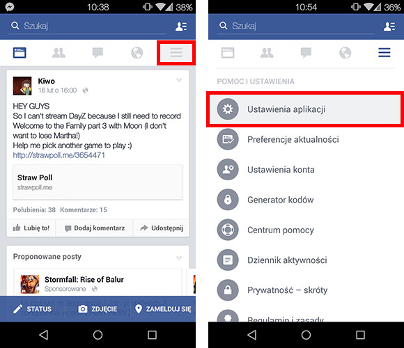Facebook - przejście do ustawień aplikacji