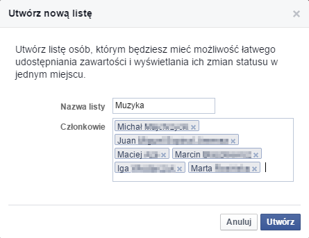 Tworzenie nowej listy znajomych na Facebooku