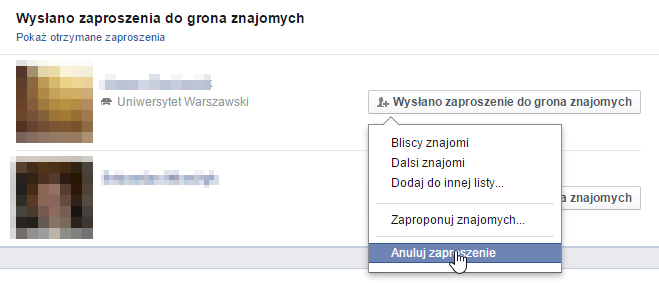 Anulowanie zaproszenia na Facebooku