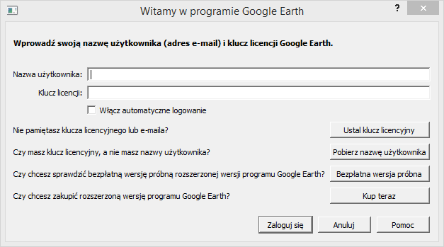 Logowanie w Google Earth Pro